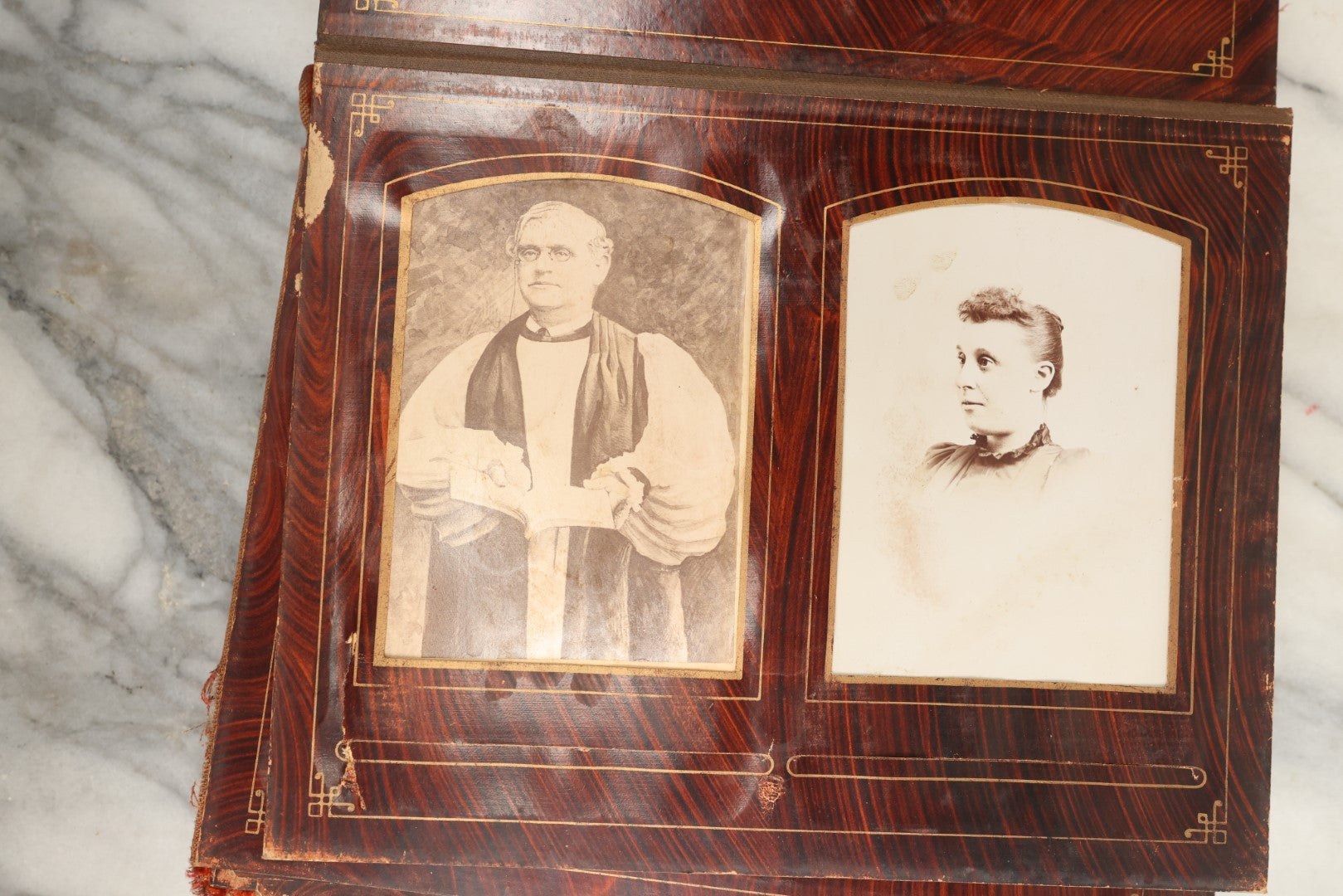 Lot 149 - Antique Cabinet Card Photo Album With Silverplate "Our Friends" Plaque, Christopher Columbus Adornments, Red Velvet Cover, Containing 19 Cabinet Cards, One Tintype, And 3 Carte De Visite C.D.V. Photos, Rough Condition (All Pages Included In Pictures)
