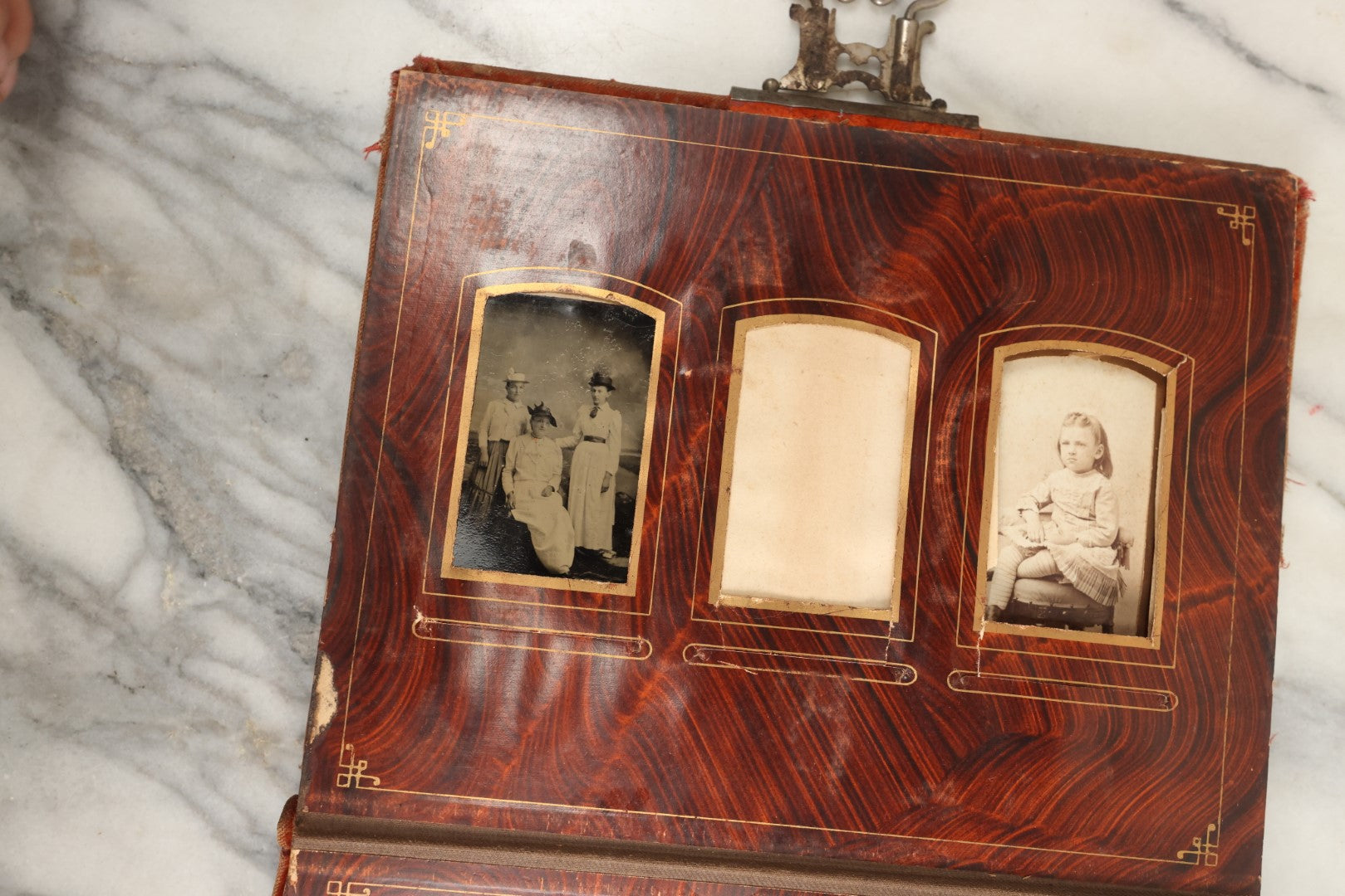 Lot 149 - Antique Cabinet Card Photo Album With Silverplate "Our Friends" Plaque, Christopher Columbus Adornments, Red Velvet Cover, Containing 19 Cabinet Cards, One Tintype, And 3 Carte De Visite C.D.V. Photos, Rough Condition (All Pages Included In Pictures)