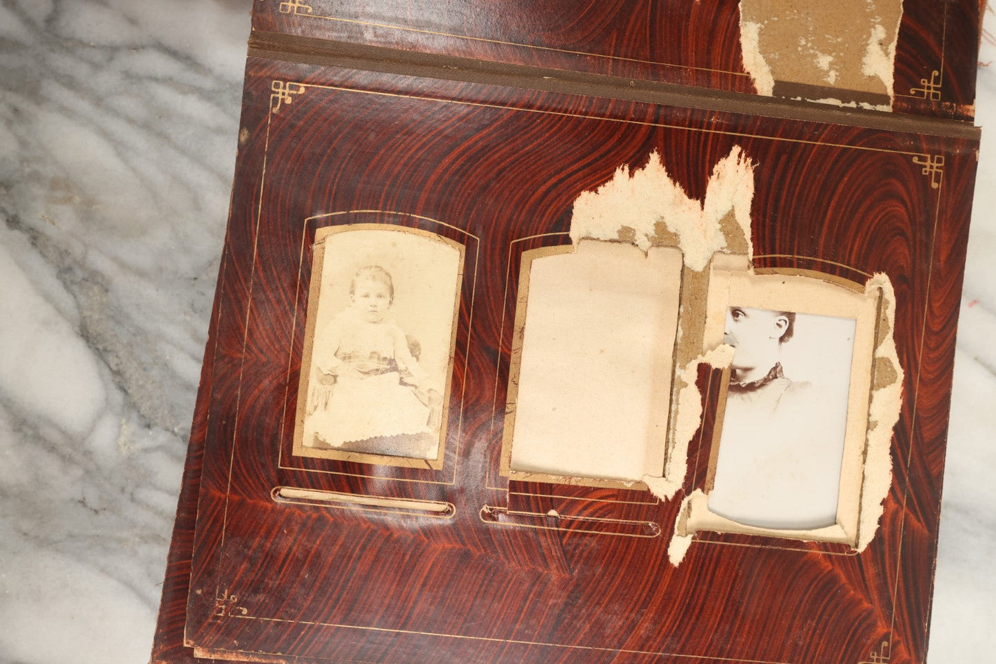 Lot 149 - Antique Cabinet Card Photo Album With Silverplate "Our Friends" Plaque, Christopher Columbus Adornments, Red Velvet Cover, Containing 19 Cabinet Cards, One Tintype, And 3 Carte De Visite C.D.V. Photos, Rough Condition (All Pages Included In Pictures)