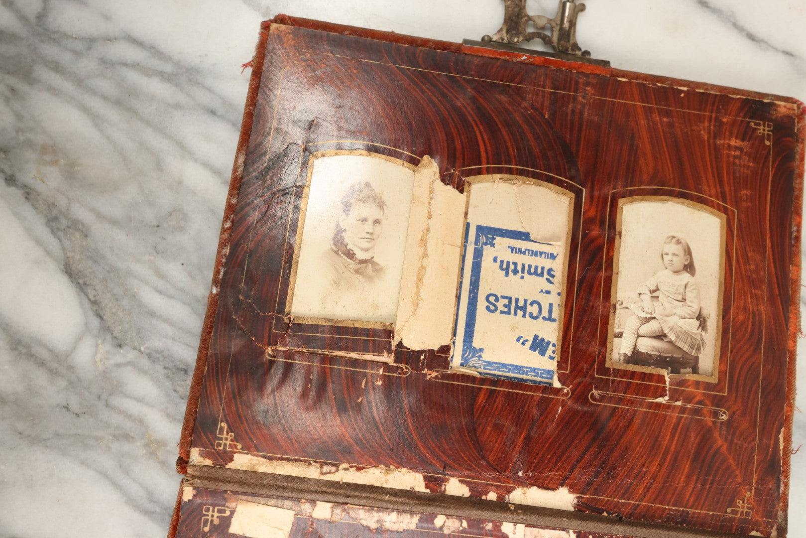 Lot 149 - Antique Cabinet Card Photo Album With Silverplate "Our Friends" Plaque, Christopher Columbus Adornments, Red Velvet Cover, Containing 19 Cabinet Cards, One Tintype, And 3 Carte De Visite C.D.V. Photos, Rough Condition (All Pages Included In Pictures)