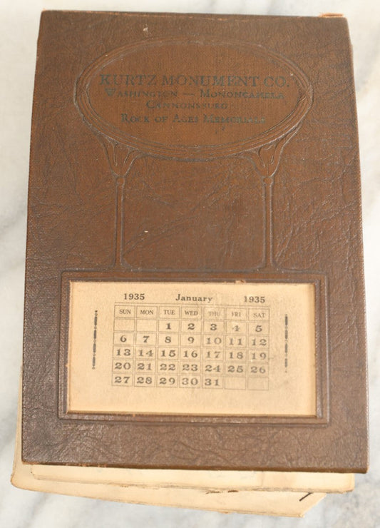 Lot 151 - Vintage Scrapbook Contained In A 1935 Calendar  Notebook From Kurtz Monument Company Rock Of Ages Gravestones, Containing Newspaper Clippings, Handwriting, Many Ponderings On Lincoln, Washington, Religion