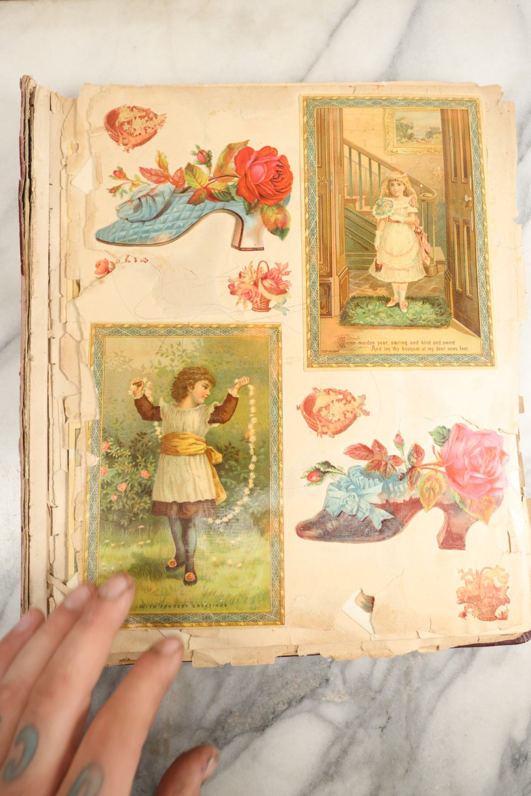 Lot 155 - Antique Victorian Scrapbook Album With Woman On Cover Containing 175+ Pieces Including Die Cuts, Trade Cards, Calling Cards, And More, With Woman On Cover, Note Cover Detached