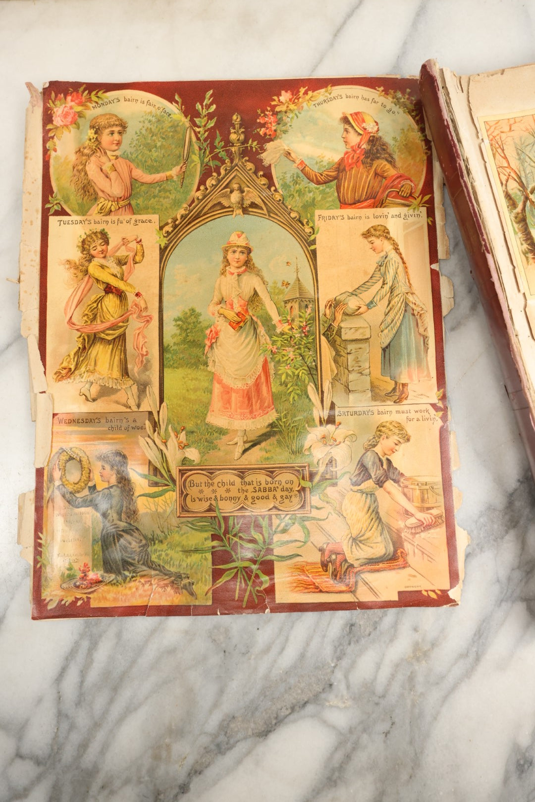 Lot 155 - Antique Victorian Scrapbook Album With Woman On Cover Containing 175+ Pieces Including Die Cuts, Trade Cards, Calling Cards, And More, With Woman On Cover, Note Cover Detached
