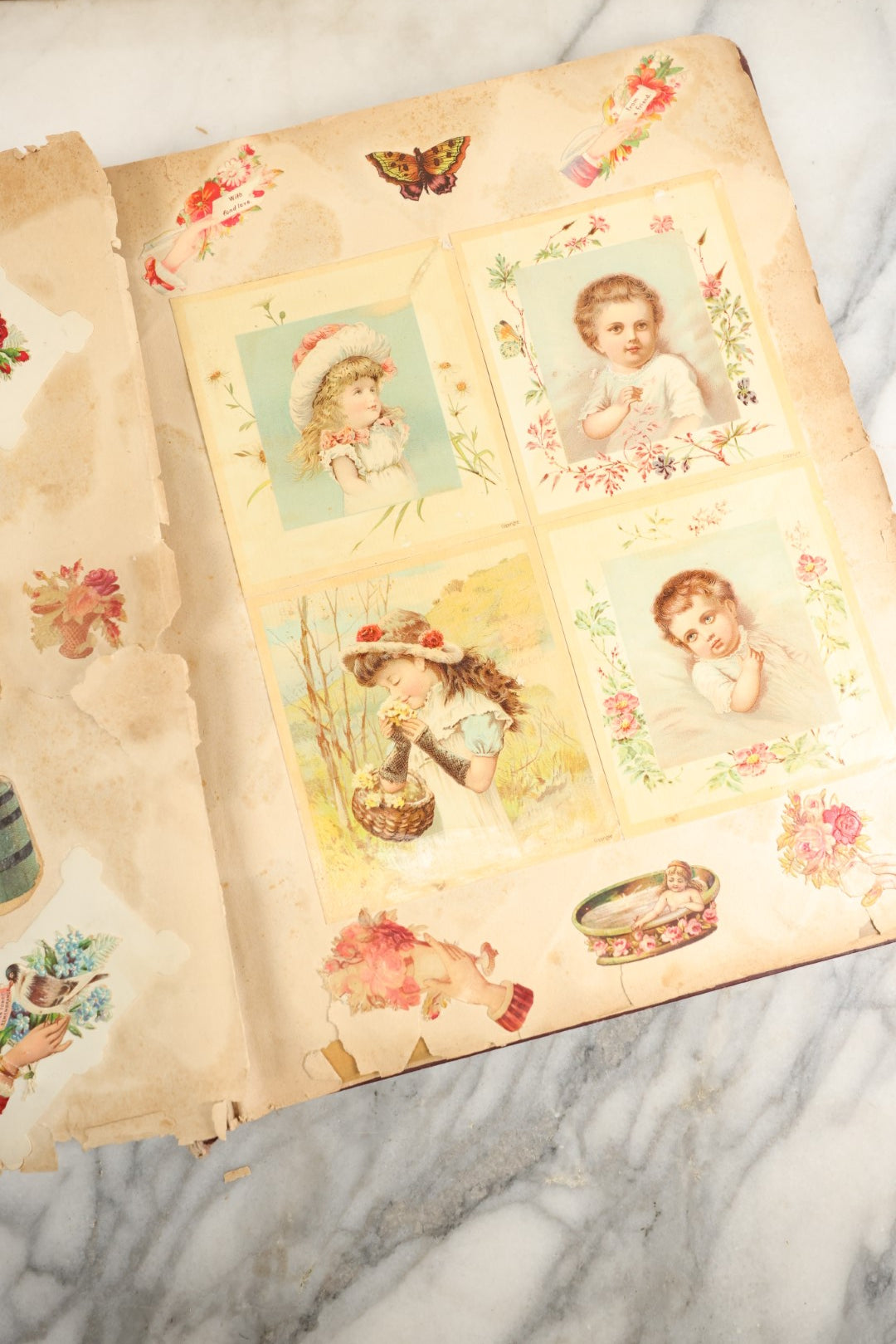Lot 155 - Antique Victorian Scrapbook Album With Woman On Cover Containing 175+ Pieces Including Die Cuts, Trade Cards, Calling Cards, And More, With Woman On Cover, Note Cover Detached