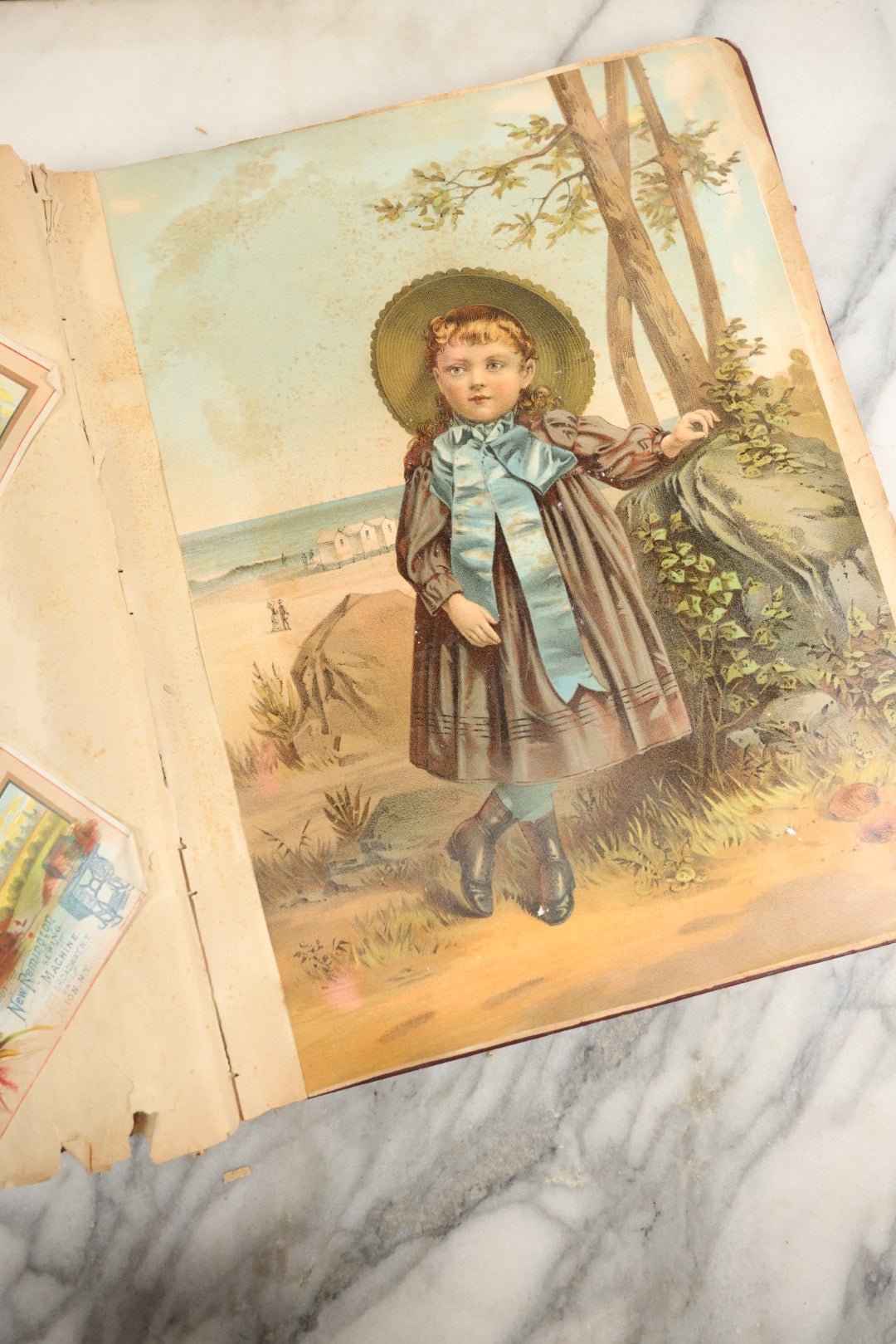 Lot 155 - Antique Victorian Scrapbook Album With Woman On Cover Containing 175+ Pieces Including Die Cuts, Trade Cards, Calling Cards, And More, With Woman On Cover, Note Cover Detached