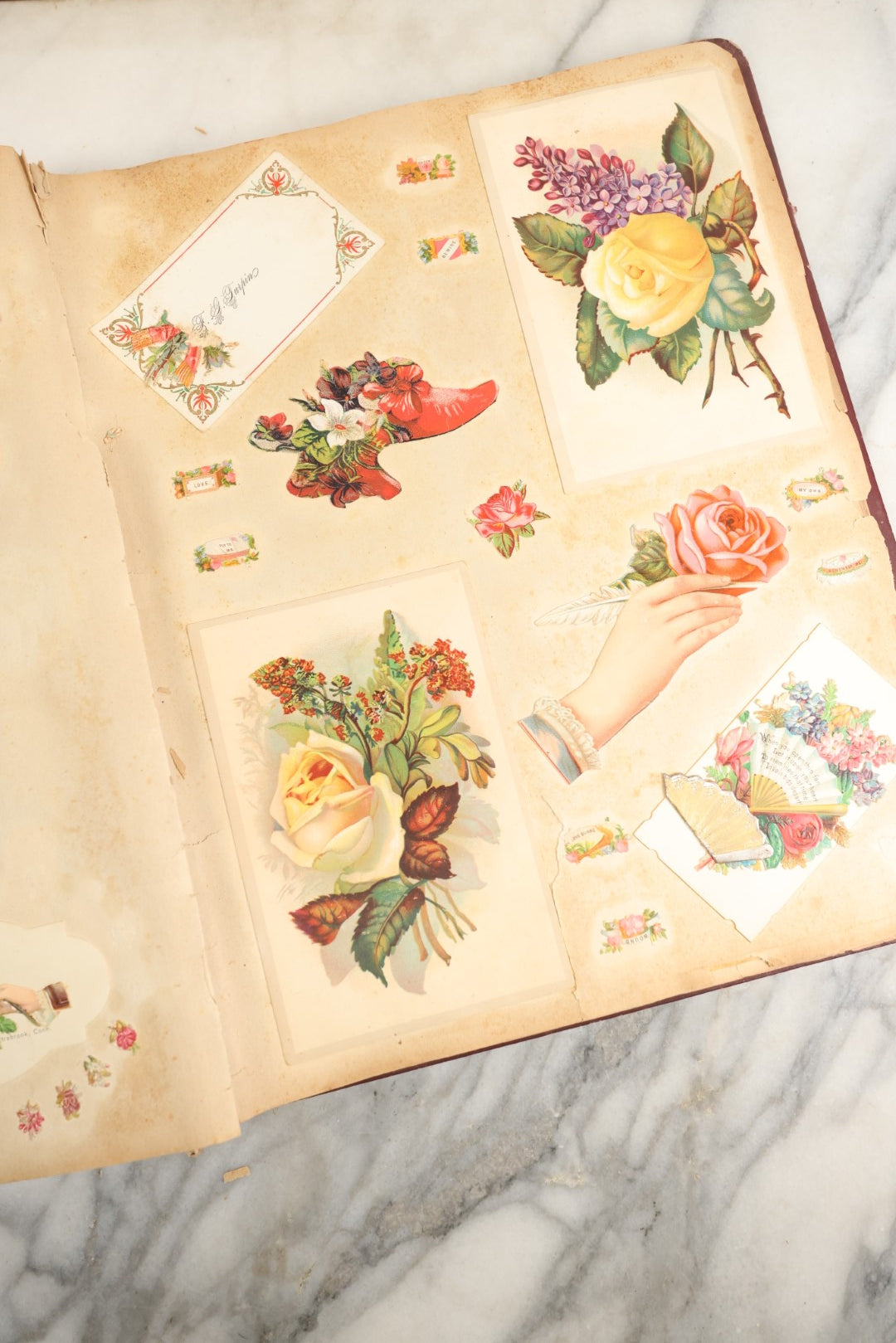 Lot 155 - Antique Victorian Scrapbook Album With Woman On Cover Containing 175+ Pieces Including Die Cuts, Trade Cards, Calling Cards, And More, With Woman On Cover, Note Cover Detached