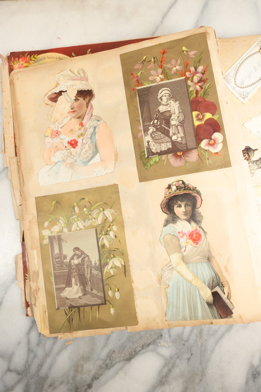 Lot 155 - Antique Victorian Scrapbook Album With Woman On Cover Containing 175+ Pieces Including Die Cuts, Trade Cards, Calling Cards, And More, With Woman On Cover, Note Cover Detached