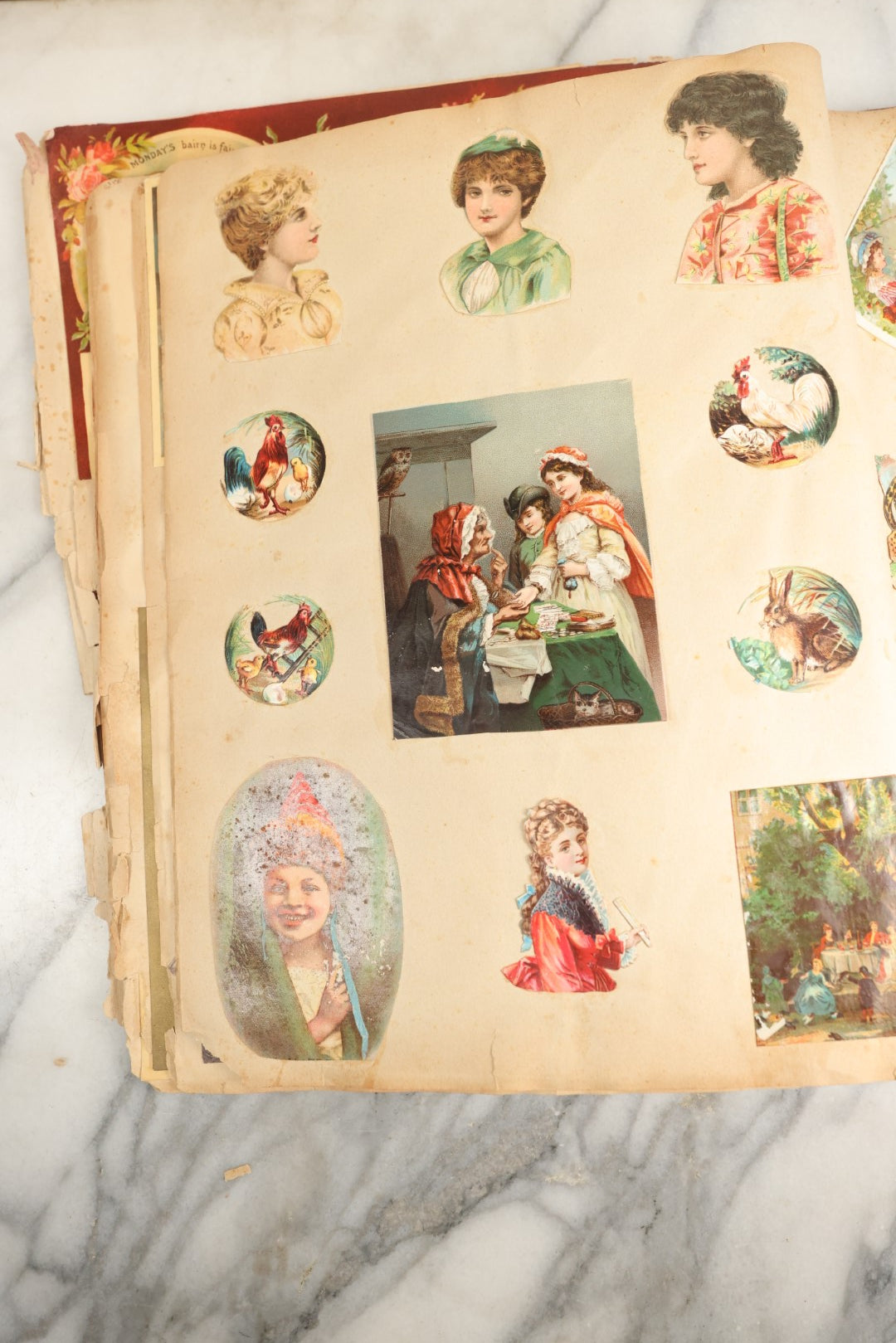 Lot 155 - Antique Victorian Scrapbook Album With Woman On Cover Containing 175+ Pieces Including Die Cuts, Trade Cards, Calling Cards, And More, With Woman On Cover, Note Cover Detached