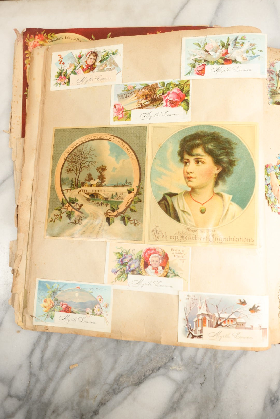 Lot 155 - Antique Victorian Scrapbook Album With Woman On Cover Containing 175+ Pieces Including Die Cuts, Trade Cards, Calling Cards, And More, With Woman On Cover, Note Cover Detached