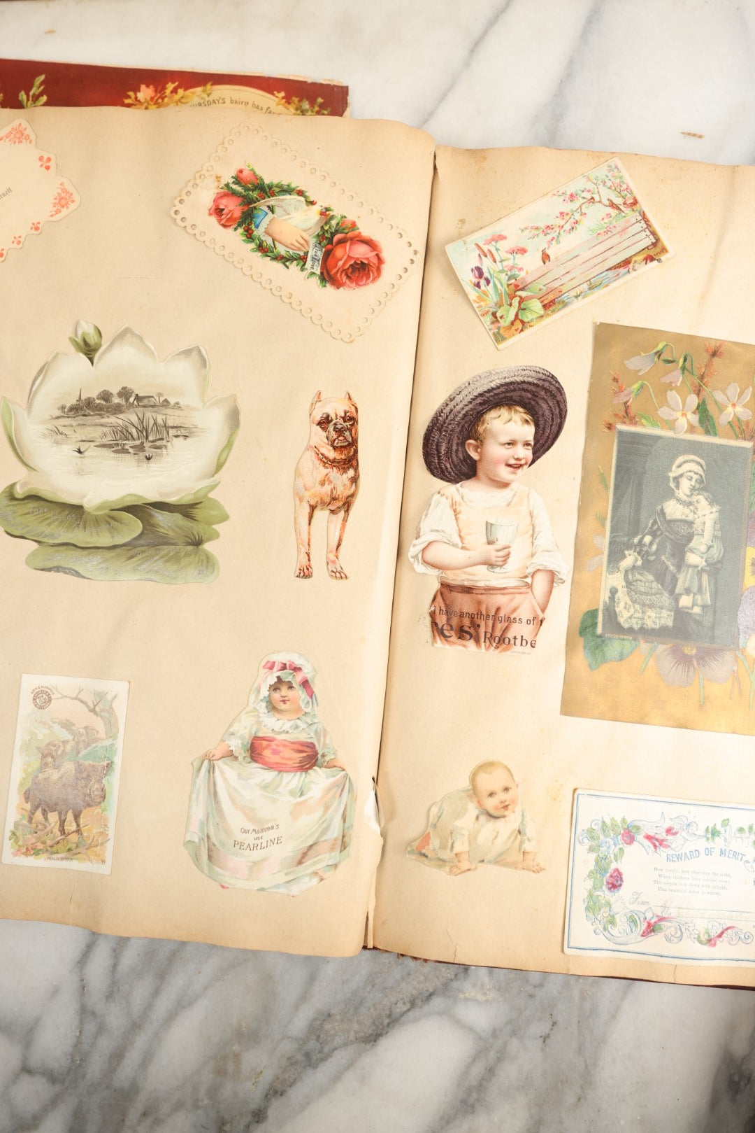 Lot 155 - Antique Victorian Scrapbook Album With Woman On Cover Containing 175+ Pieces Including Die Cuts, Trade Cards, Calling Cards, And More, With Woman On Cover, Note Cover Detached