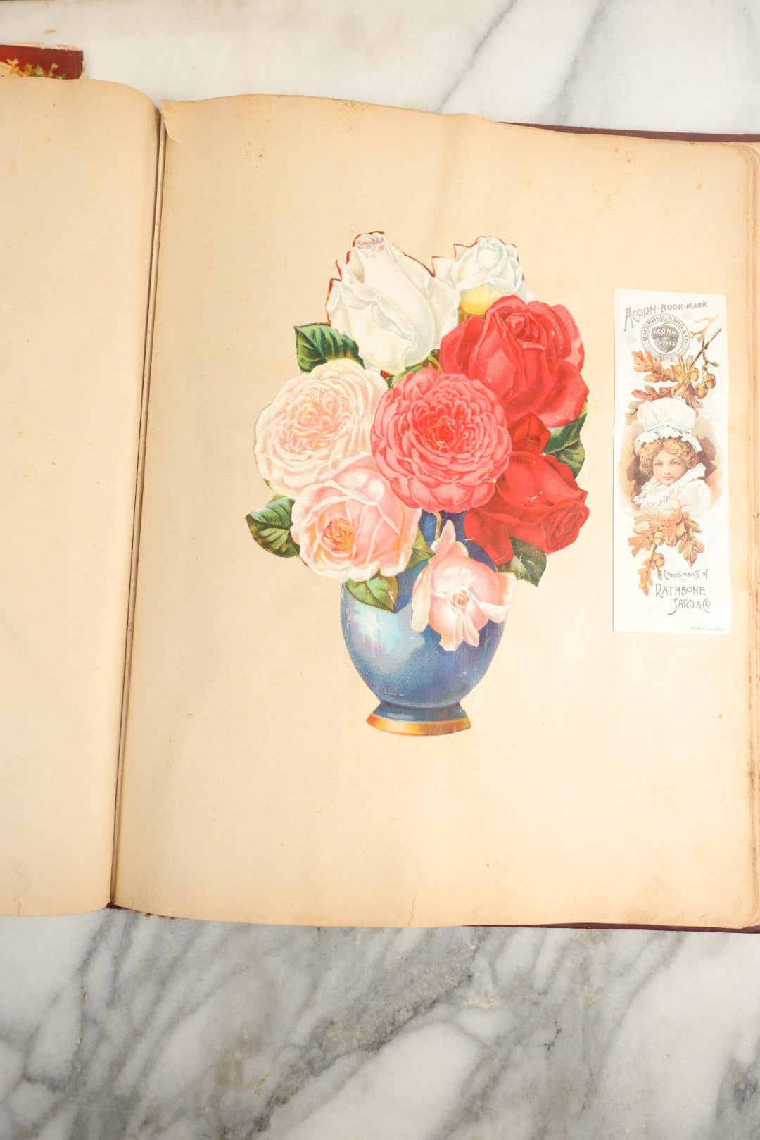 Lot 155 - Antique Victorian Scrapbook Album With Woman On Cover Containing 175+ Pieces Including Die Cuts, Trade Cards, Calling Cards, And More, With Woman On Cover, Note Cover Detached
