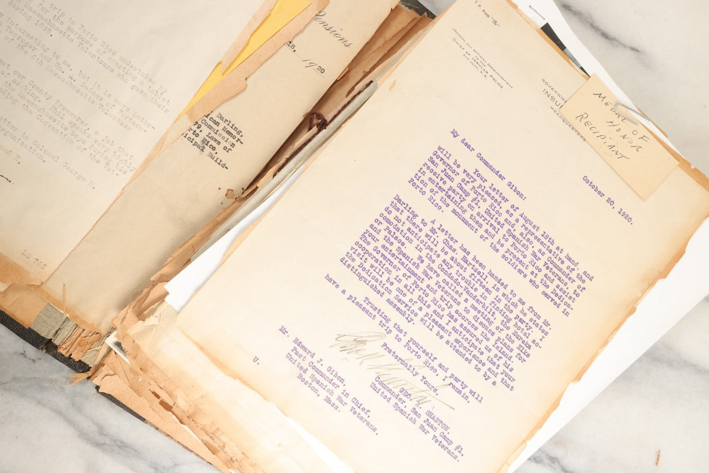 Lot 156 - Important Antique Scrapbook Containing Documents Relating To Veterans Of The Spanish American War, Service In Puerto Rico, Including A Signed Letter From Col. George R. Shanton, Cowboy, Rough Rider, And Medal Of Honor Recipient