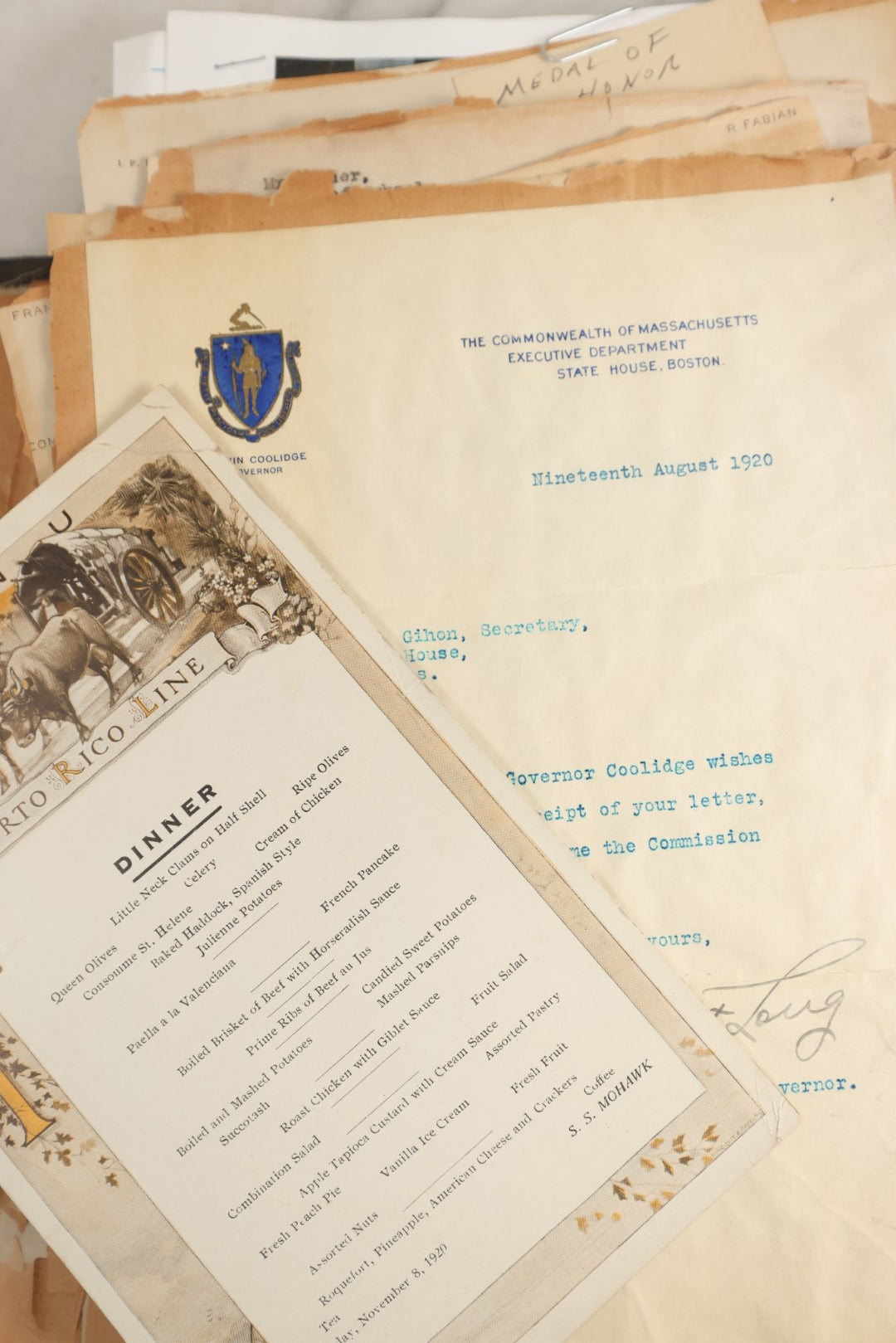 Lot 156 - Important Antique Scrapbook Containing Documents Relating To Veterans Of The Spanish American War, Service In Puerto Rico, Including A Signed Letter From Col. George R. Shanton, Cowboy, Rough Rider, And Medal Of Honor Recipient