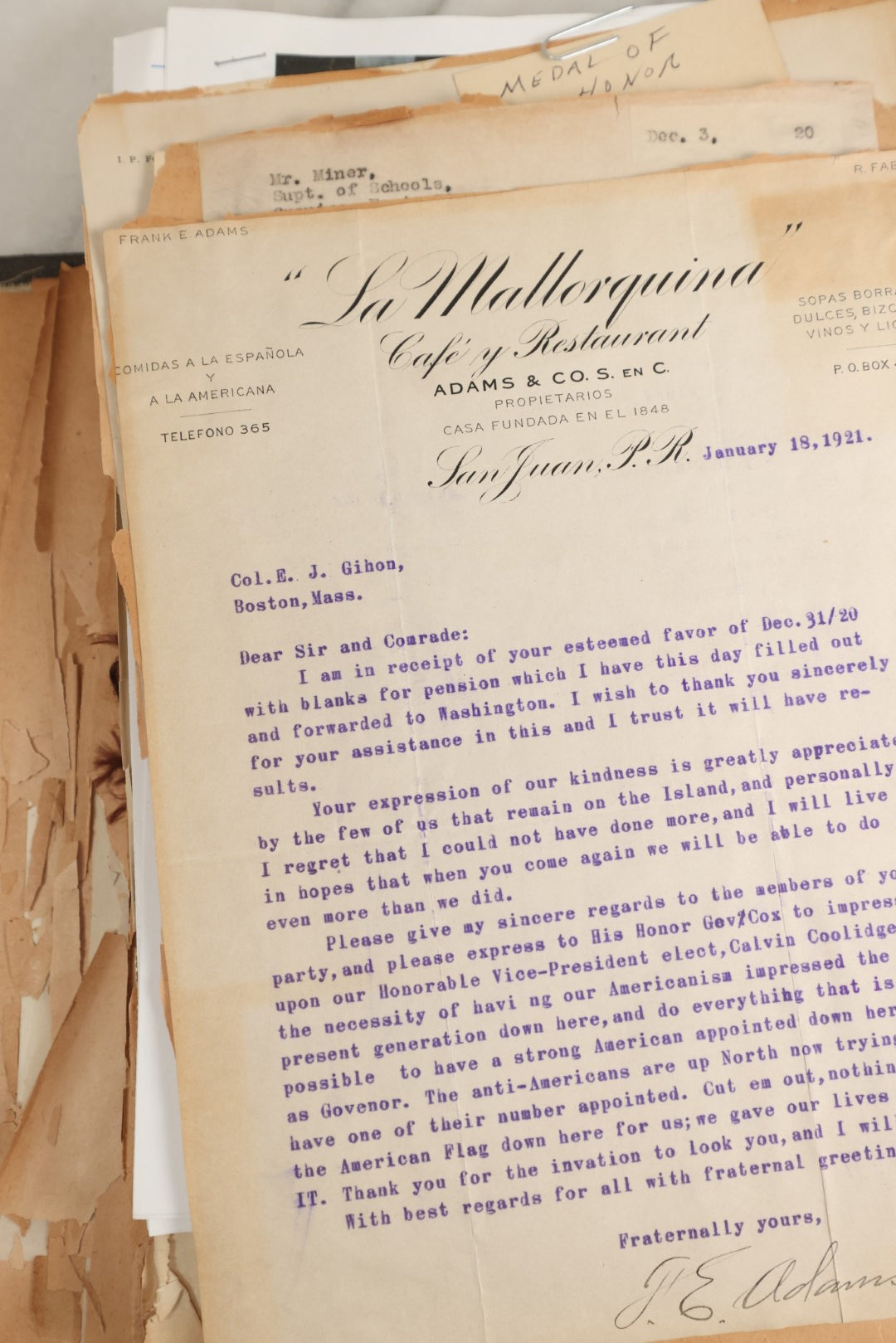 Lot 156 - Important Antique Scrapbook Containing Documents Relating To Veterans Of The Spanish American War, Service In Puerto Rico, Including A Signed Letter From Col. George R. Shanton, Cowboy, Rough Rider, And Medal Of Honor Recipient