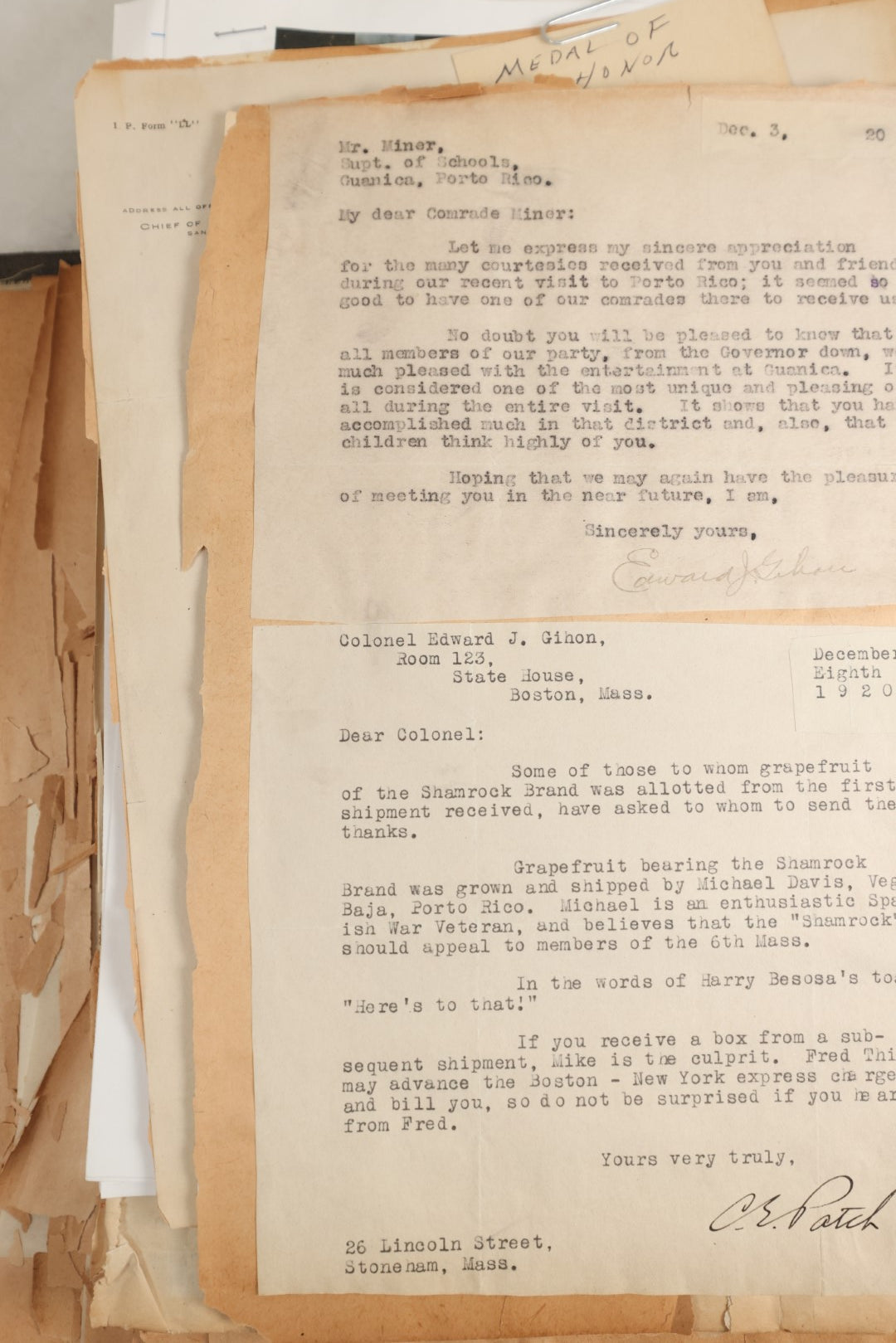 Lot 156 - Important Antique Scrapbook Containing Documents Relating To Veterans Of The Spanish American War, Service In Puerto Rico, Including A Signed Letter From Col. George R. Shanton, Cowboy, Rough Rider, And Medal Of Honor Recipient