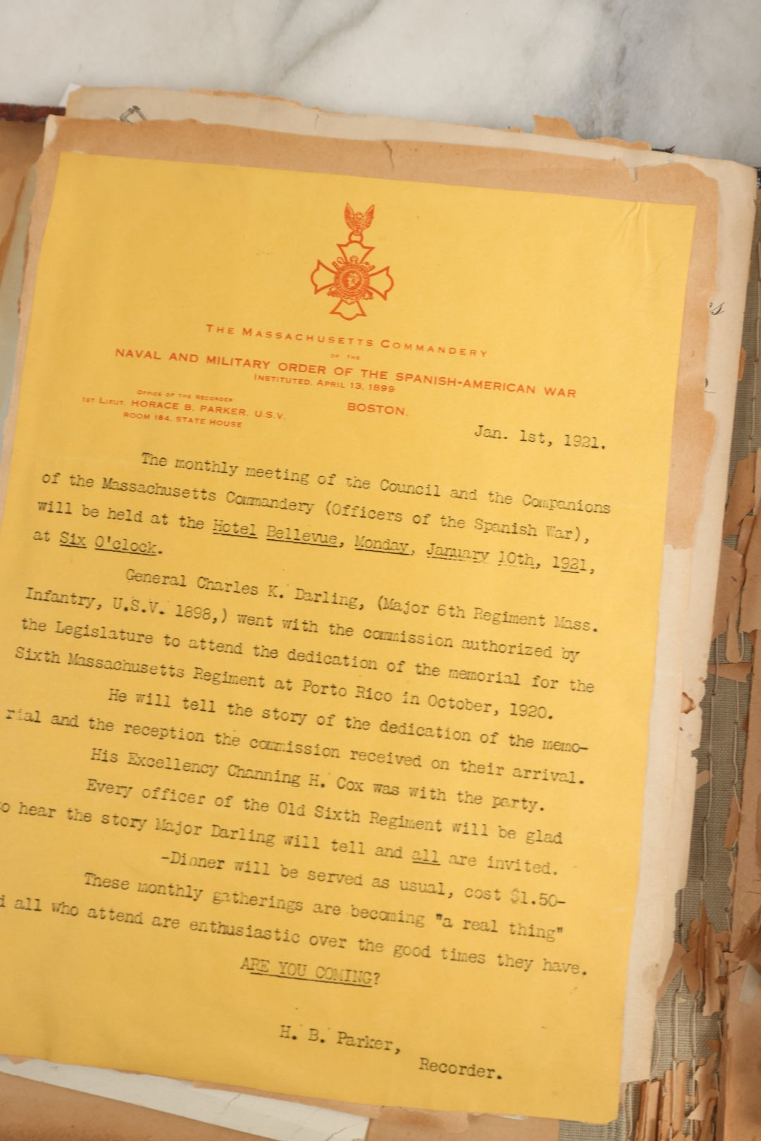 Lot 156 - Important Antique Scrapbook Containing Documents Relating To Veterans Of The Spanish American War, Service In Puerto Rico, Including A Signed Letter From Col. George R. Shanton, Cowboy, Rough Rider, And Medal Of Honor Recipient