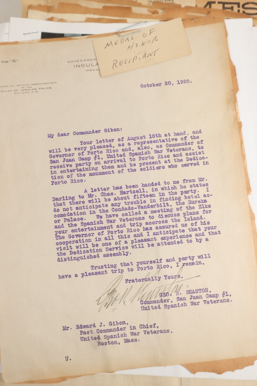 Lot 156 - Important Antique Scrapbook Containing Documents Relating To Veterans Of The Spanish American War, Service In Puerto Rico, Including A Signed Letter From Col. George R. Shanton, Cowboy, Rough Rider, And Medal Of Honor Recipient