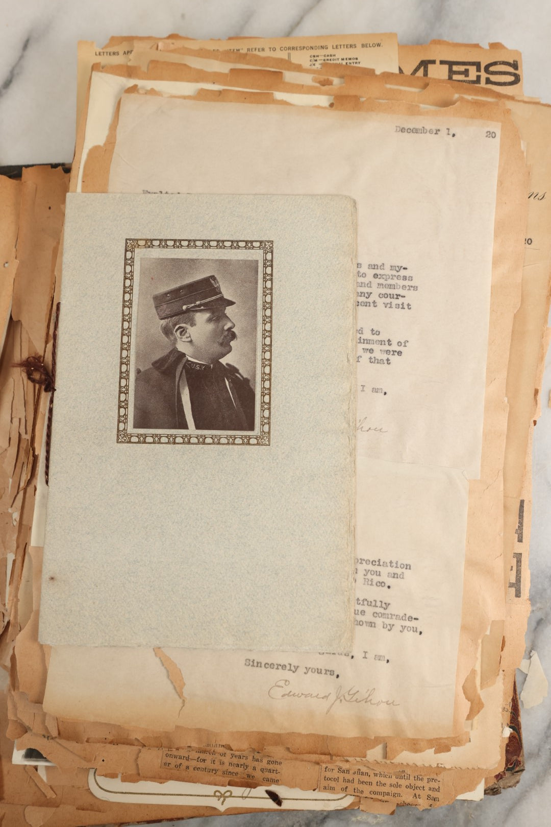 Lot 156 - Important Antique Scrapbook Containing Documents Relating To Veterans Of The Spanish American War, Service In Puerto Rico, Including A Signed Letter From Col. George R. Shanton, Cowboy, Rough Rider, And Medal Of Honor Recipient