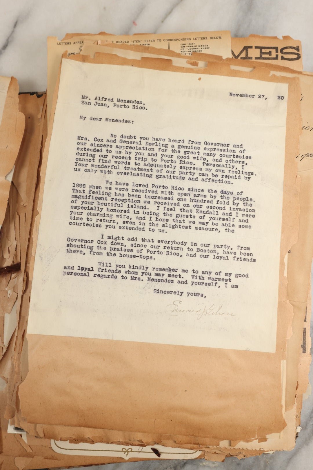 Lot 156 - Important Antique Scrapbook Containing Documents Relating To Veterans Of The Spanish American War, Service In Puerto Rico, Including A Signed Letter From Col. George R. Shanton, Cowboy, Rough Rider, And Medal Of Honor Recipient