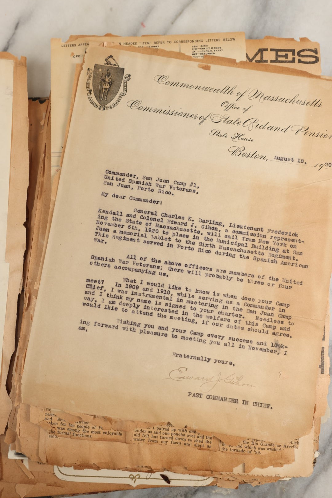 Lot 156 - Important Antique Scrapbook Containing Documents Relating To Veterans Of The Spanish American War, Service In Puerto Rico, Including A Signed Letter From Col. George R. Shanton, Cowboy, Rough Rider, And Medal Of Honor Recipient