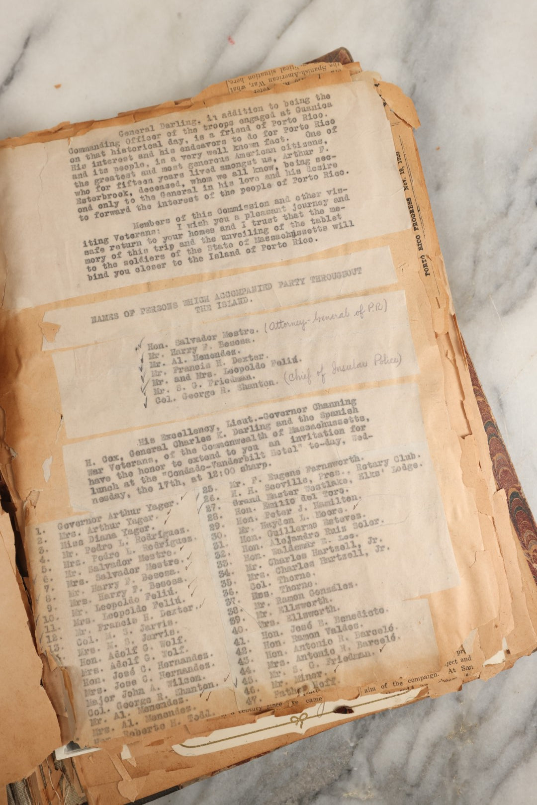 Lot 156 - Important Antique Scrapbook Containing Documents Relating To Veterans Of The Spanish American War, Service In Puerto Rico, Including A Signed Letter From Col. George R. Shanton, Cowboy, Rough Rider, And Medal Of Honor Recipient