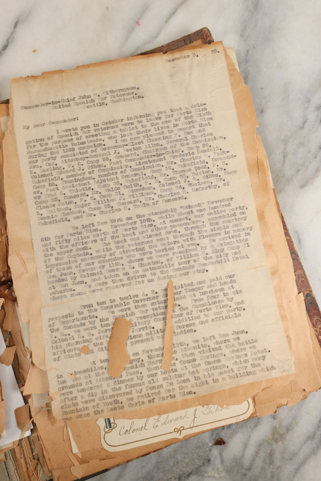 Lot 156 - Important Antique Scrapbook Containing Documents Relating To Veterans Of The Spanish American War, Service In Puerto Rico, Including A Signed Letter From Col. George R. Shanton, Cowboy, Rough Rider, And Medal Of Honor Recipient