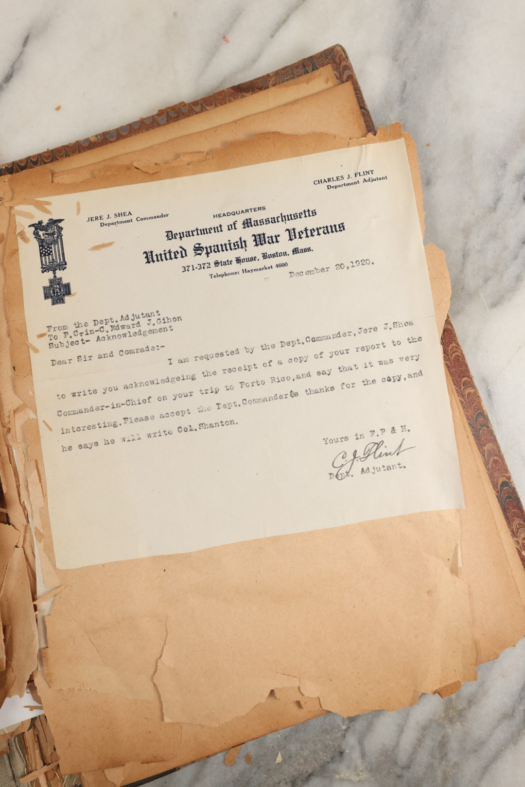 Lot 156 - Important Antique Scrapbook Containing Documents Relating To Veterans Of The Spanish American War, Service In Puerto Rico, Including A Signed Letter From Col. George R. Shanton, Cowboy, Rough Rider, And Medal Of Honor Recipient