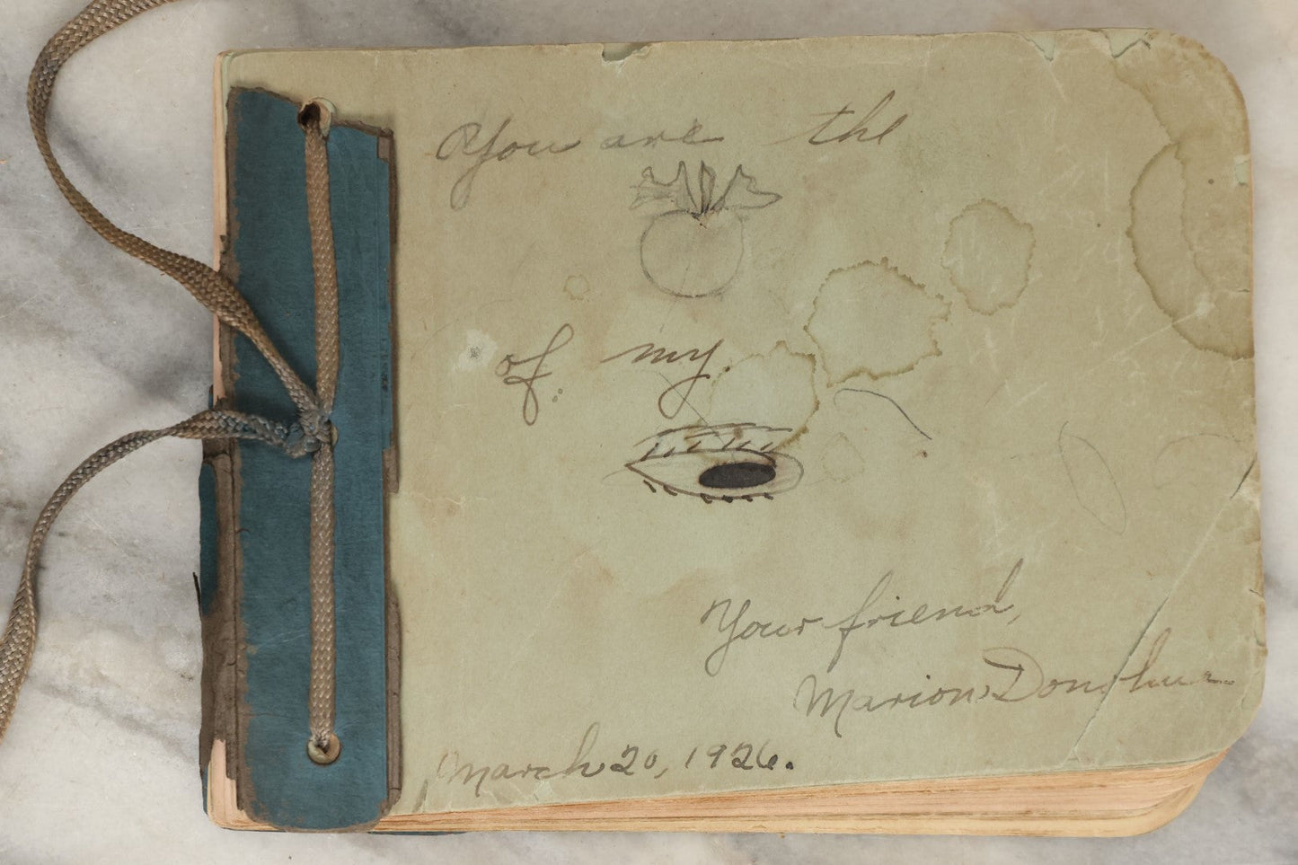 Lot 157 - Vintage Green Autograph Album With Pictogram Illustration On Cover "You Are The Apple Of My Eye," New Brunswick, Canada, March 1926