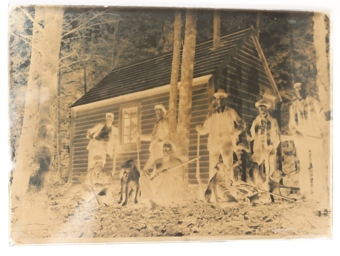 Lot 158 - Grouping Of Six Approximately 5 x 7" Antique Glass Negatives Of A Hunting Trip, Including Snow Shoeing, Hunting Dogs, Guns, Plus An Early Carriage
