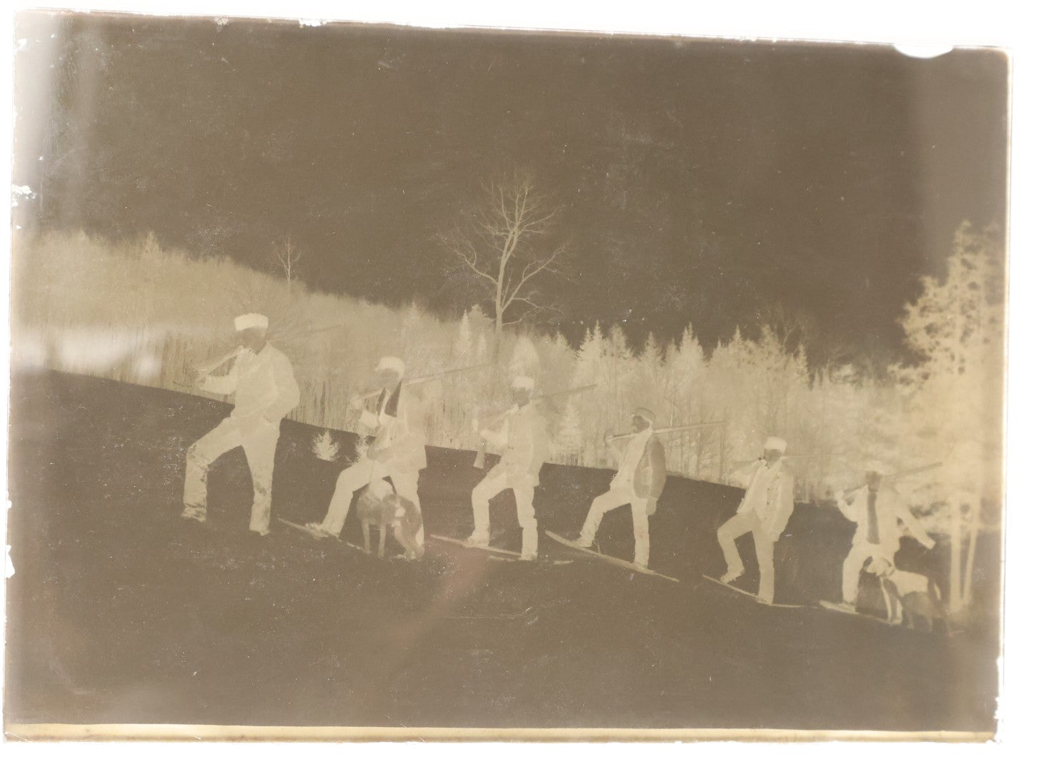 Lot 158 - Grouping Of Six Approximately 5 x 7" Antique Glass Negatives Of A Hunting Trip, Including Snow Shoeing, Hunting Dogs, Guns, Plus An Early Carriage
