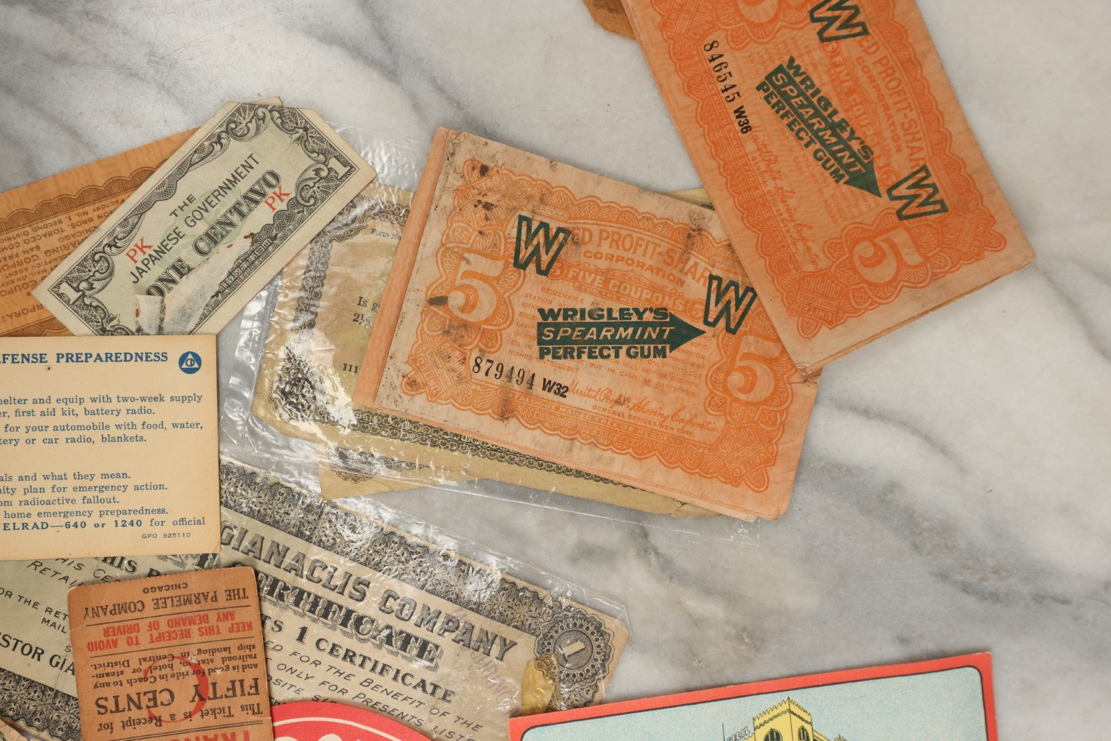 Lot 162 - Grouping Of 10+ Pieces Of Miscellaneous Advertising Including Wrigley's Spearmint Gum Coupons, Hotel Labels, Civil Defence Emergency Card, And More