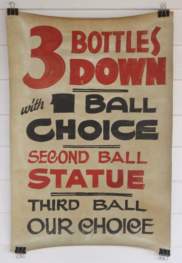 Lot 002 - Vintage Hand Painted Carnival Knock Down Bottle Game Poster With Prize Descriptions, On Faux Leather-Like Material, Circa 1970s, 20" x 29"