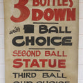Lot 002 - Vintage Hand Painted Carnival Knock Down Bottle Game Poster With Prize Descriptions, On Faux Leather-Like Material, Circa 1970s, 20" x 29"
