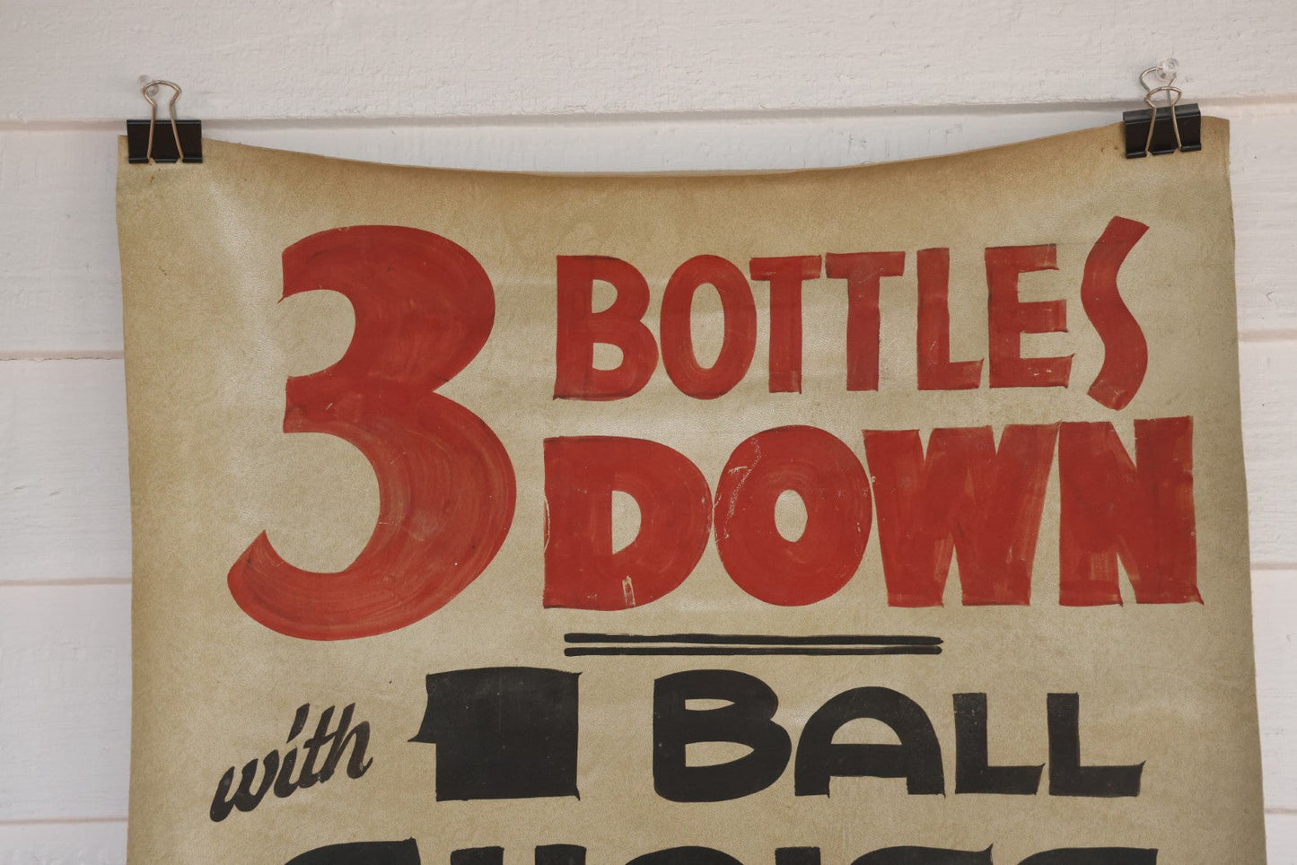 Lot 002 - Vintage Hand Painted Carnival Knock Down Bottle Game Poster With Prize Descriptions, On Faux Leather-Like Material, Circa 1970s, 20" x 29"