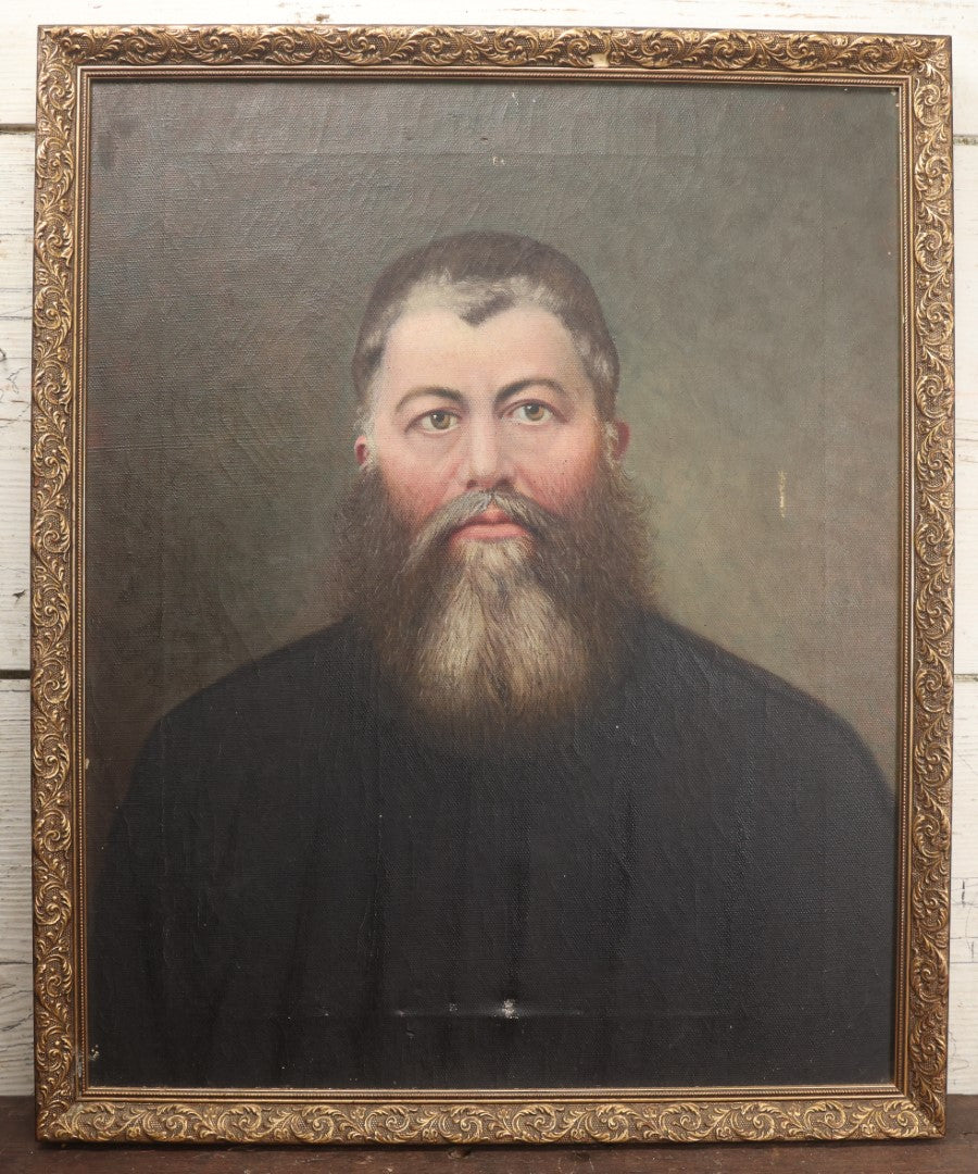 Lot 003 - Antique Oil On Canvas Portrait Painting Of A Bearded Man In Black Robe, In Frame, Note Holes, Losses, 18-1/2" x 22-1/2"