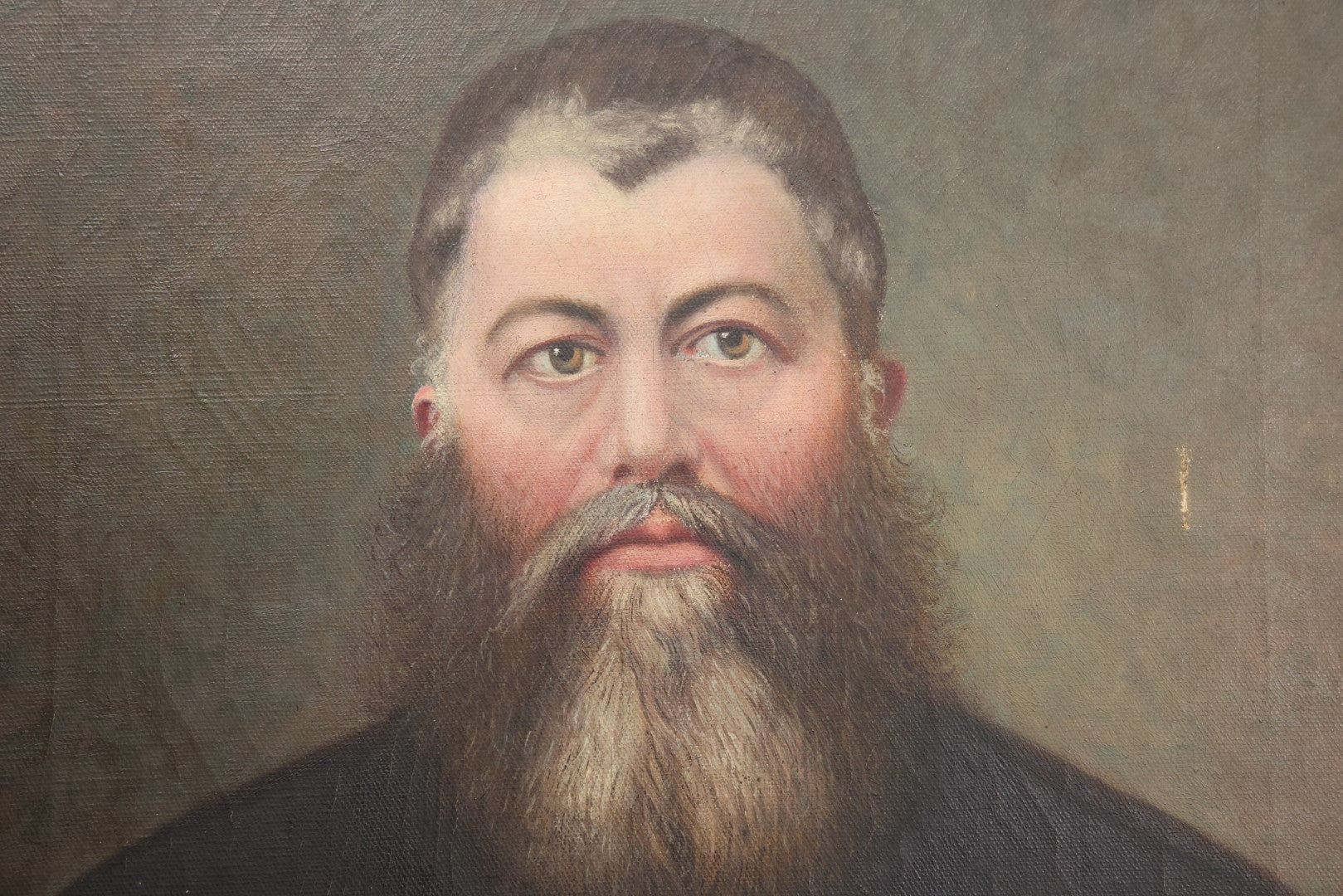 Lot 003 - Antique Oil On Canvas Portrait Painting Of A Bearded Man In Black Robe, In Frame, Note Holes, Losses, 18-1/2" x 22-1/2"