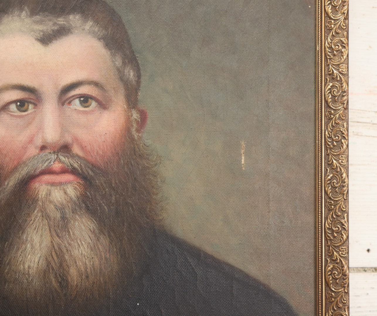 Lot 003 - Antique Oil On Canvas Portrait Painting Of A Bearded Man In Black Robe, In Frame, Note Holes, Losses, 18-1/2" x 22-1/2"