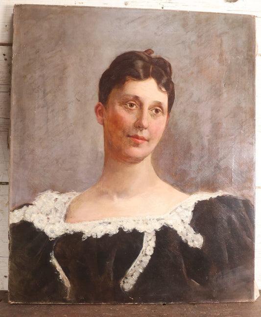 Lot 005 - Antique Oil On Canvas Portrait Painting Of A Woman With Soft Features, Black Dress With White Trim, Artist Signed, Illegible, Dated 1883, Minor Wear And Tear, 20" x 24"