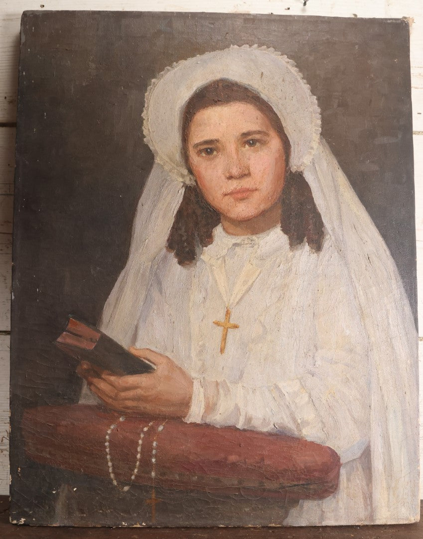 Lot 006 - Vintage Oil On Canvas Portrait Painting Of A Young Girl On Her First Communion Day, Dressed In White With Cross, Rosary, Bible, Various Wear And Tear, 21" x 27"