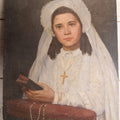 Lot 006 - Vintage Oil On Canvas Portrait Painting Of A Young Girl On Her First Communion Day, Dressed In White With Cross, Rosary, Bible, Various Wear And Tear, 21" x 27"