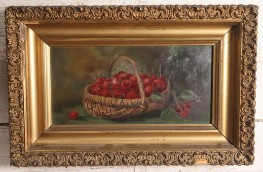 Lot 008 - Antique Oil On Canvas Still Life Painting Of A Basket Of Cherries In Ornate Gilded Gesso Frame, Artist Signed, Illegible, Circa Late 19th Century, 13" x 20"