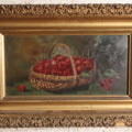 Lot 008 - Antique Oil On Canvas Still Life Painting Of A Basket Of Cherries In Ornate Gilded Gesso Frame, Artist Signed, Illegible, Circa Late 19th Century, 13" x 20"