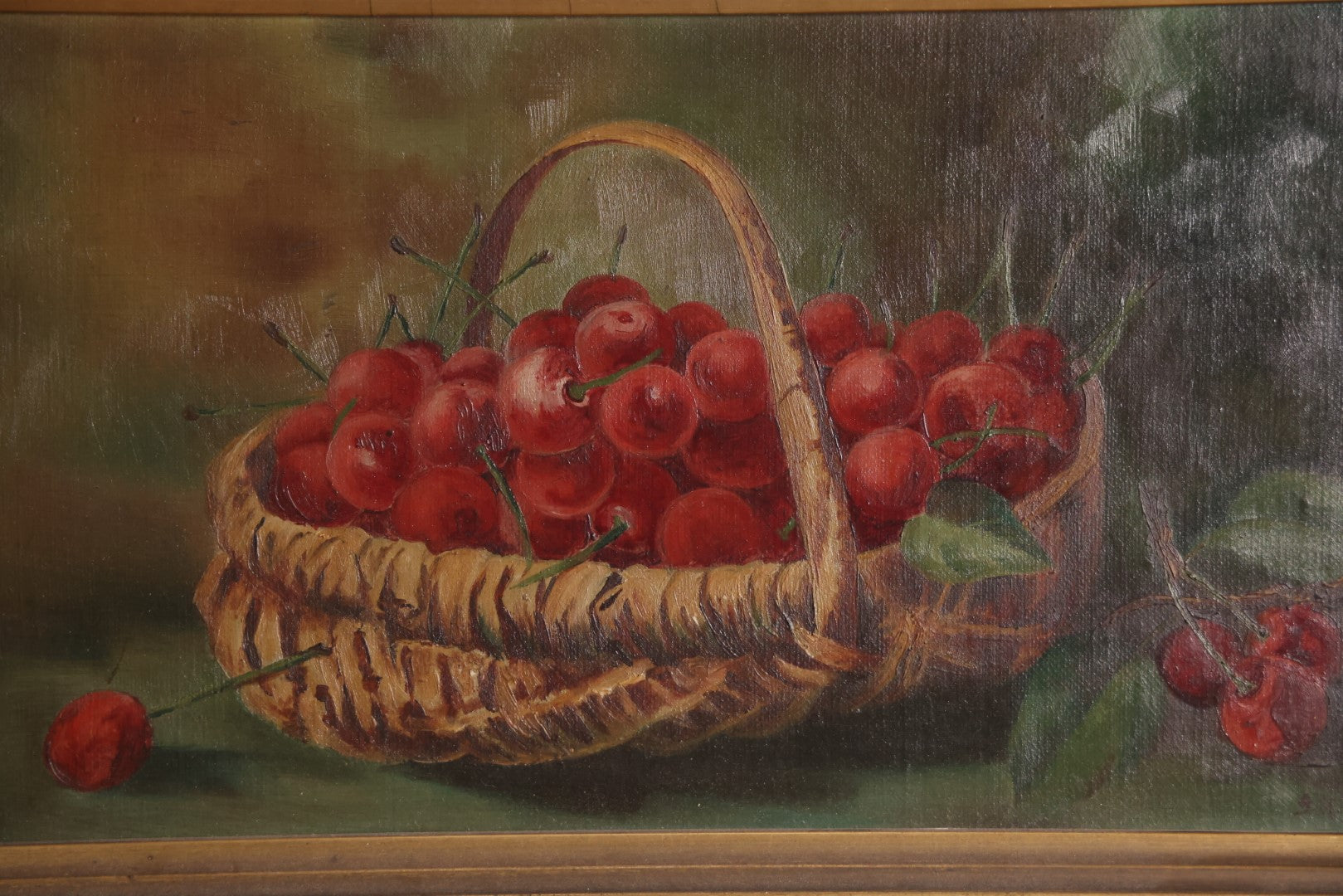 Lot 008 - Antique Oil On Canvas Still Life Painting Of A Basket Of Cherries In Ornate Gilded Gesso Frame, Artist Signed, Illegible, Circa Late 19th Century, 13" x 20"