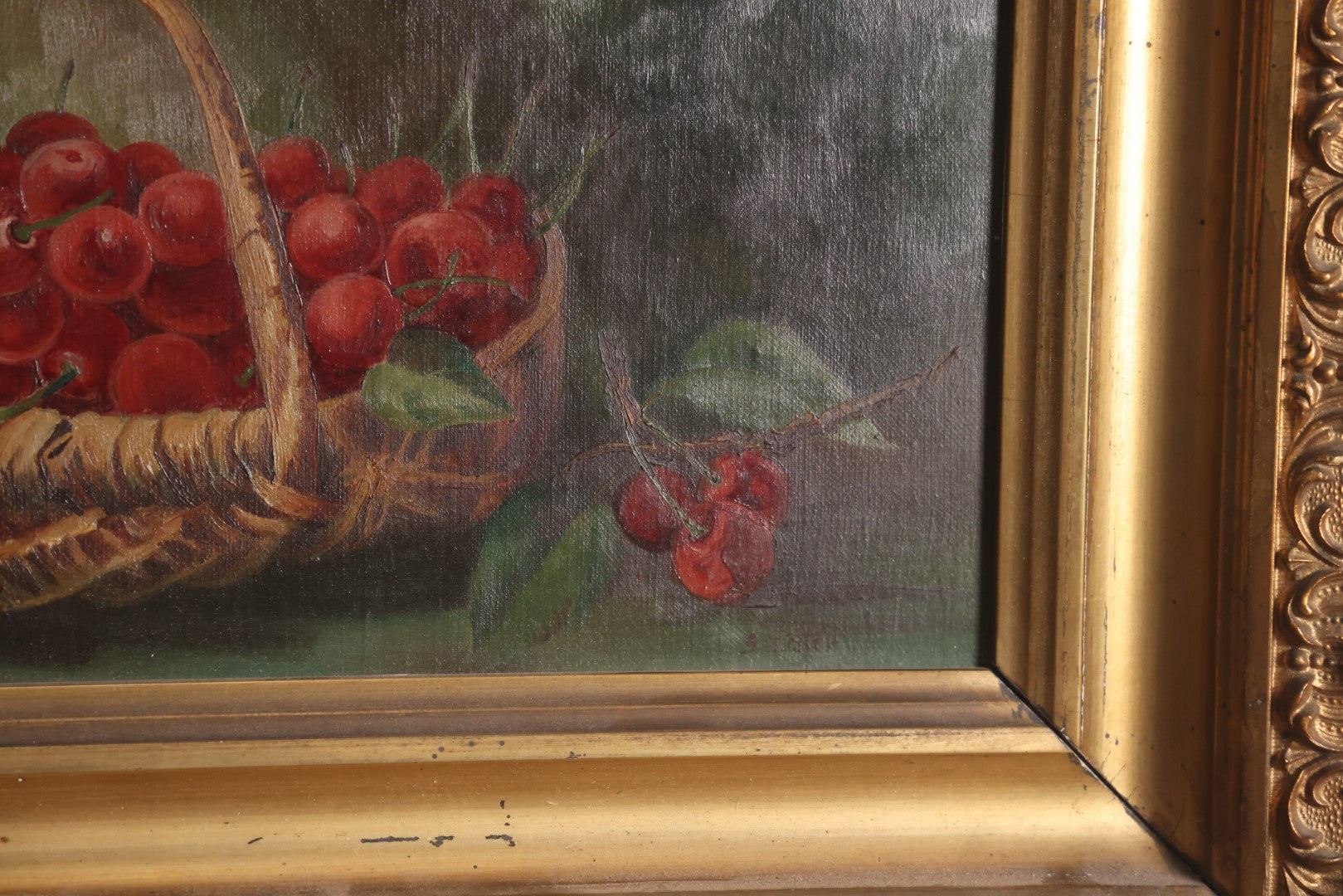 Lot 008 - Antique Oil On Canvas Still Life Painting Of A Basket Of Cherries In Ornate Gilded Gesso Frame, Artist Signed, Illegible, Circa Late 19th Century, 13" x 20"