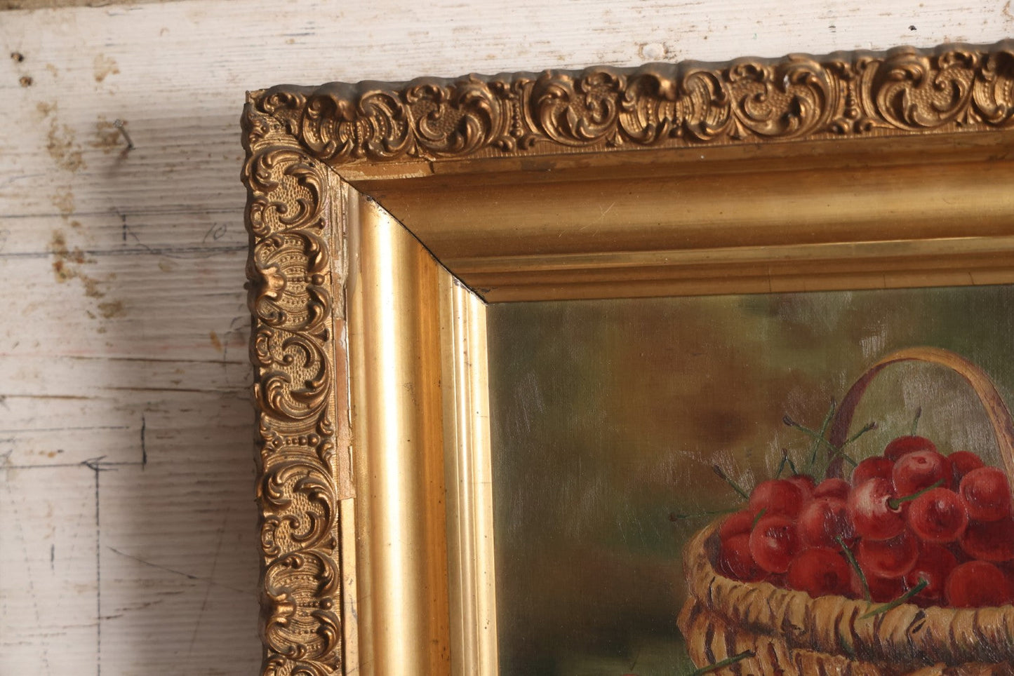 Lot 008 - Antique Oil On Canvas Still Life Painting Of A Basket Of Cherries In Ornate Gilded Gesso Frame, Artist Signed, Illegible, Circa Late 19th Century, 13" x 20"