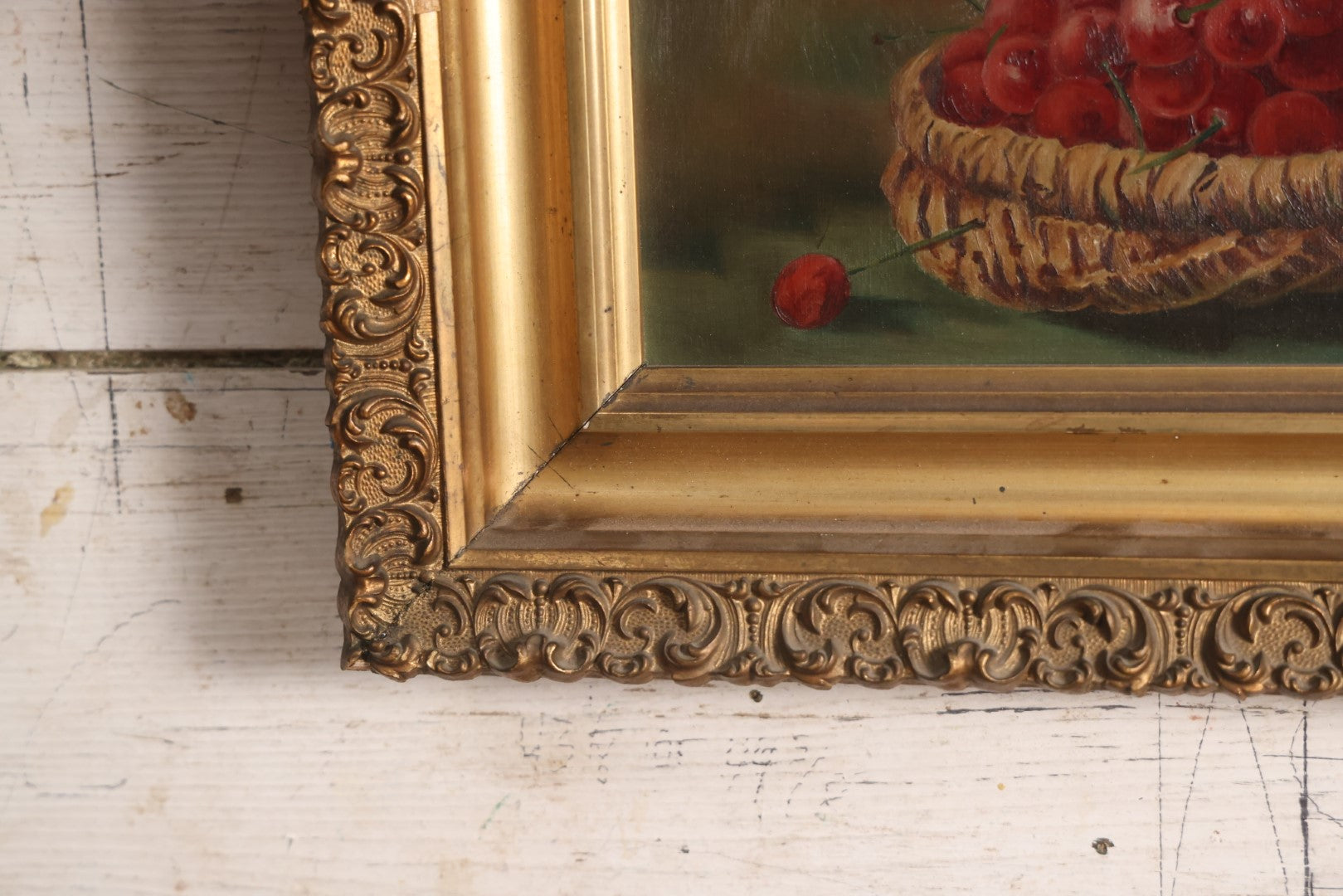 Lot 008 - Antique Oil On Canvas Still Life Painting Of A Basket Of Cherries In Ornate Gilded Gesso Frame, Artist Signed, Illegible, Circa Late 19th Century, 13" x 20"