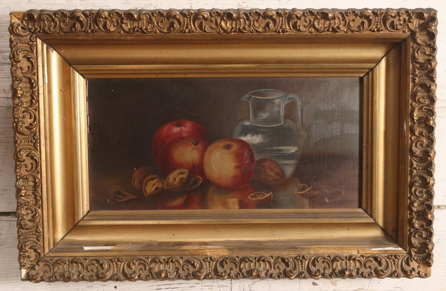 Lot 009 - Antique Oil On Canvas Still Life Painting Of Peaches, Fruit In Ornate Gilded Gesso Frame, Artist Signed, Illegible, Circa Late 19th Century, 13" x 20"