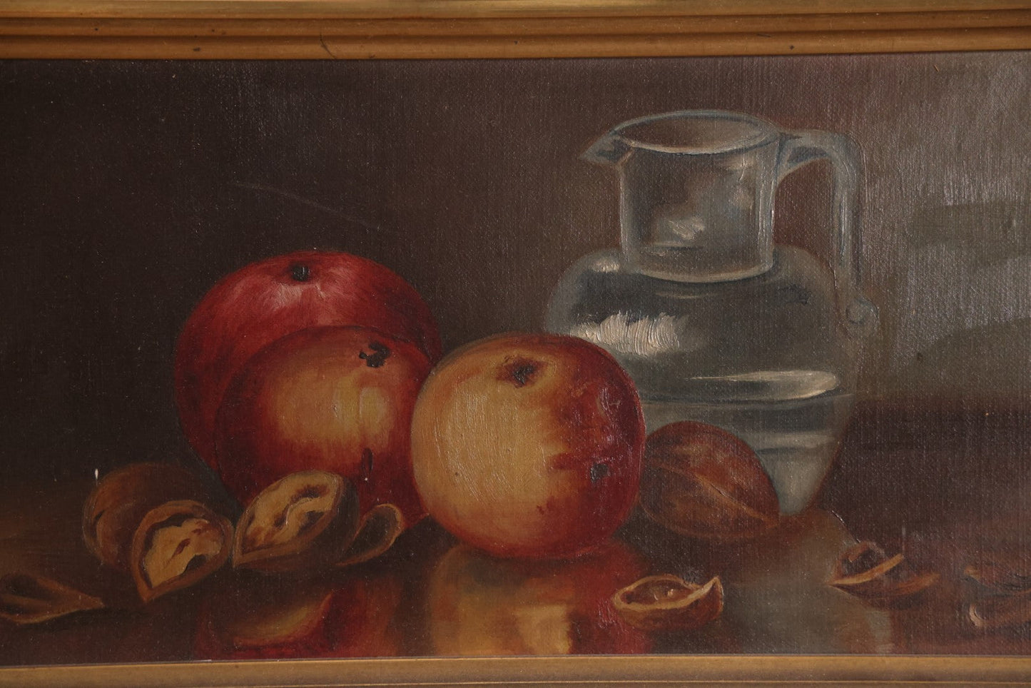 Lot 009 - Antique Oil On Canvas Still Life Painting Of Peaches, Fruit In Ornate Gilded Gesso Frame, Artist Signed, Illegible, Circa Late 19th Century, 13" x 20"