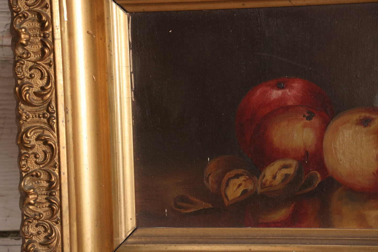 Lot 009 - Antique Oil On Canvas Still Life Painting Of Peaches, Fruit In Ornate Gilded Gesso Frame, Artist Signed, Illegible, Circa Late 19th Century, 13" x 20"