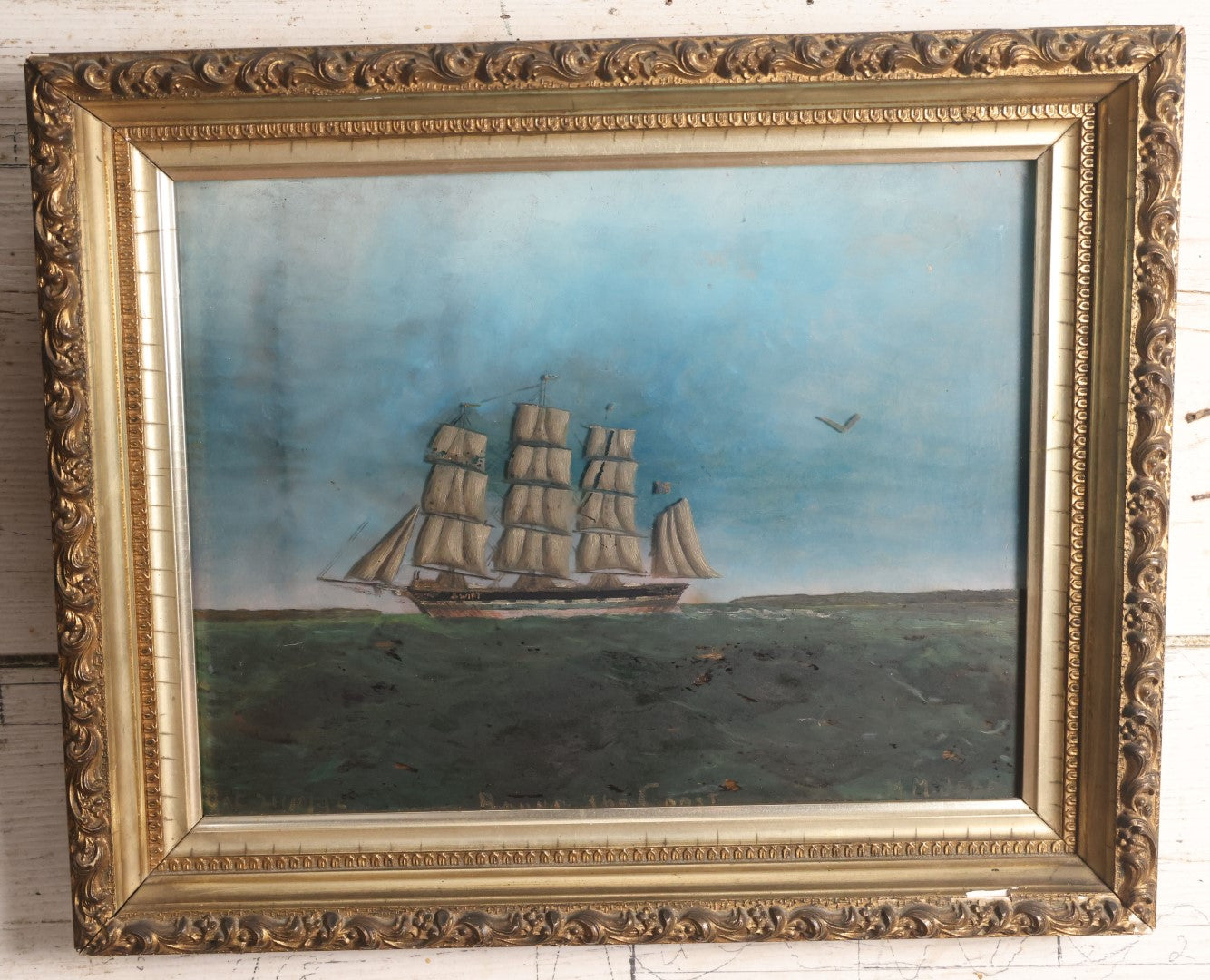 Lot 010 - Antique Nautical Reverse Painting On Glass Of Tall Ship "Swift," Titled "Round The Coast," Dated October 21, 1892, Artist Signed H.M. Jeff, In Frame, 16" x 13"